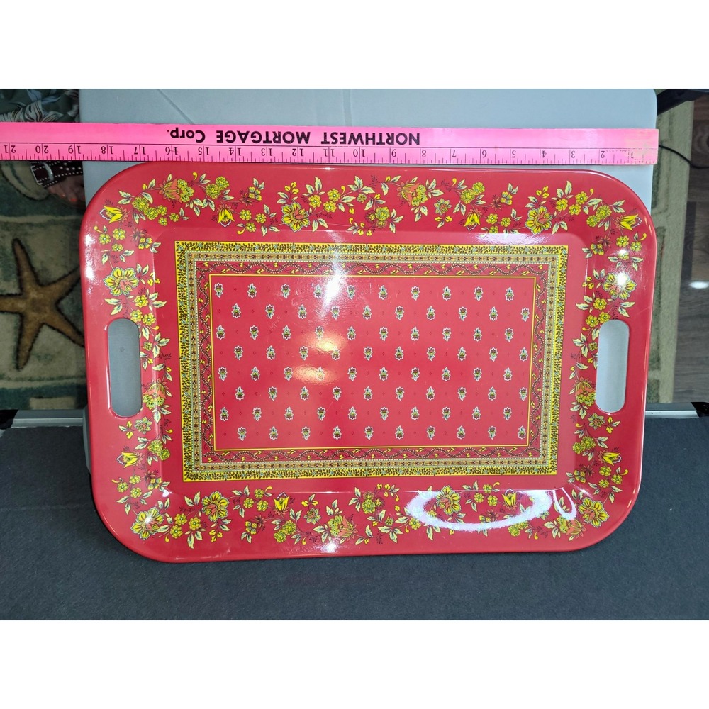 Marat d'Avignon Red Floral Serving Tray w/ Handles Rectangle Plastic 19x14"